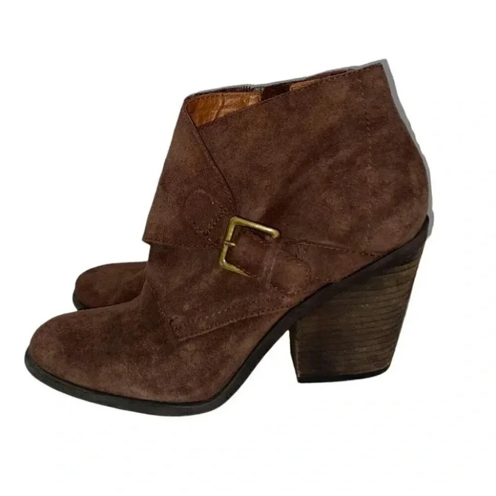 Lucky Brand Ankle Booties 9.5 Brown Suede Buckle Stacked Block Heel Zipper